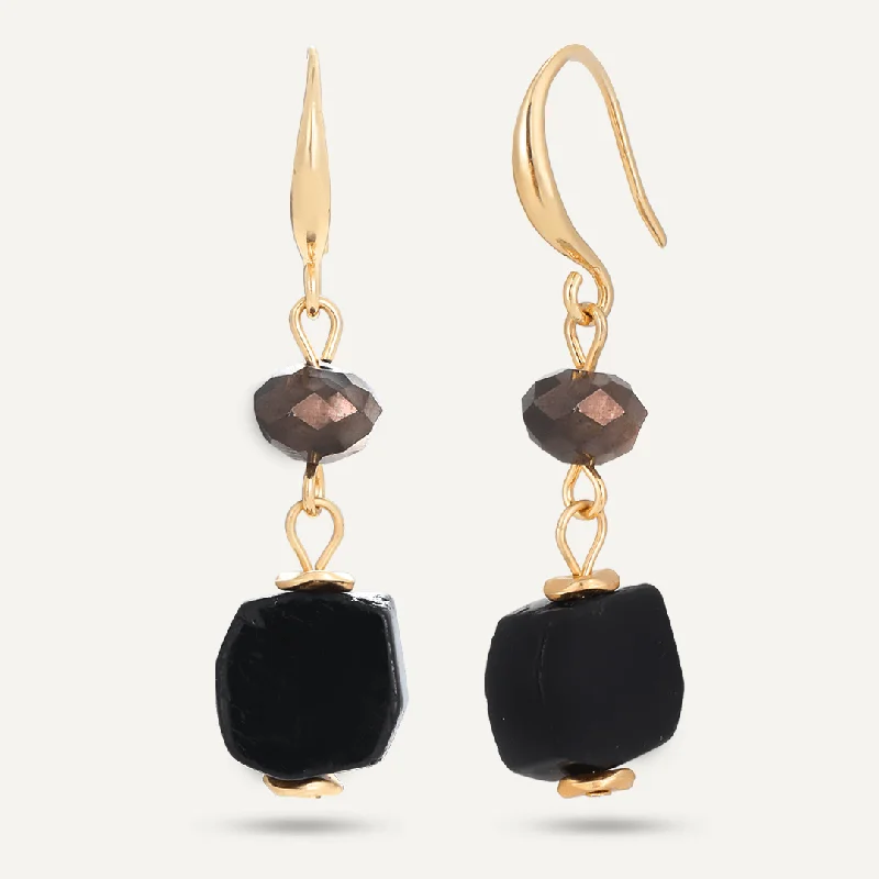 Minimalist Drop Earrings with Simplicity -Black Semi-Precious Stone Hook Earrings In Gold-Tone