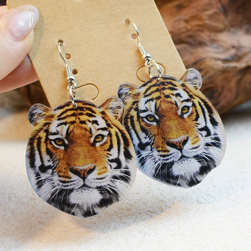 Gemstone Drop Earrings for Color -Wholesale Tiger Head Double Sided Printed Leather Earrings