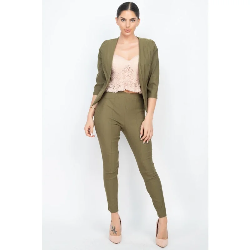 Organic Jeans for Natural -Women's Light Olive 3' and '4 Sleeves Blazer & Skinny Capri Pants set