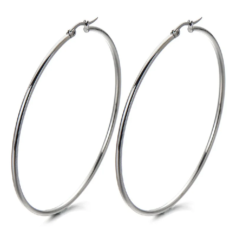 Best hoop earrings with custom designs for a personalized, unique accessory-Pair Stainless Steel Large Plain Circle Huggie Hinged Hoop Earrings for Women Silver Color