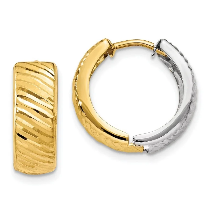 Best hoop earrings with satin ribbons for a soft, feminine appearance-Curata 14k Two Tone Polished Gold Textured 5x14mm Reversible Hinged Huggies Hoop Earrings