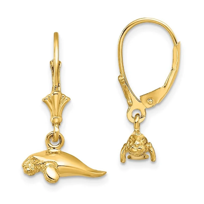 Best hoop earrings with marbled designs for a trendy and artistic effect-Curata 14k Yellow Gold 3 d Polished Mini Manatee Leverback Earrings 22.85x12.75mm