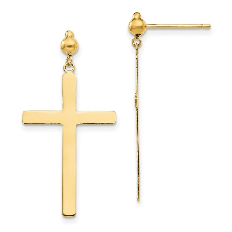 Hoop earrings with artistic filigree designs for an intricate, delicate finish-Curata 14k Yellow Gold Polished 33x16mm Cross Dangle Post Earrings