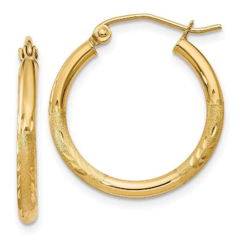 Hoop earrings with luxe velvet finishes for a rich and luxurious touch-Curata 14k Yellow Gold Satin and Diamond-Cut 2x20mm Round Tube Hoop Earrings