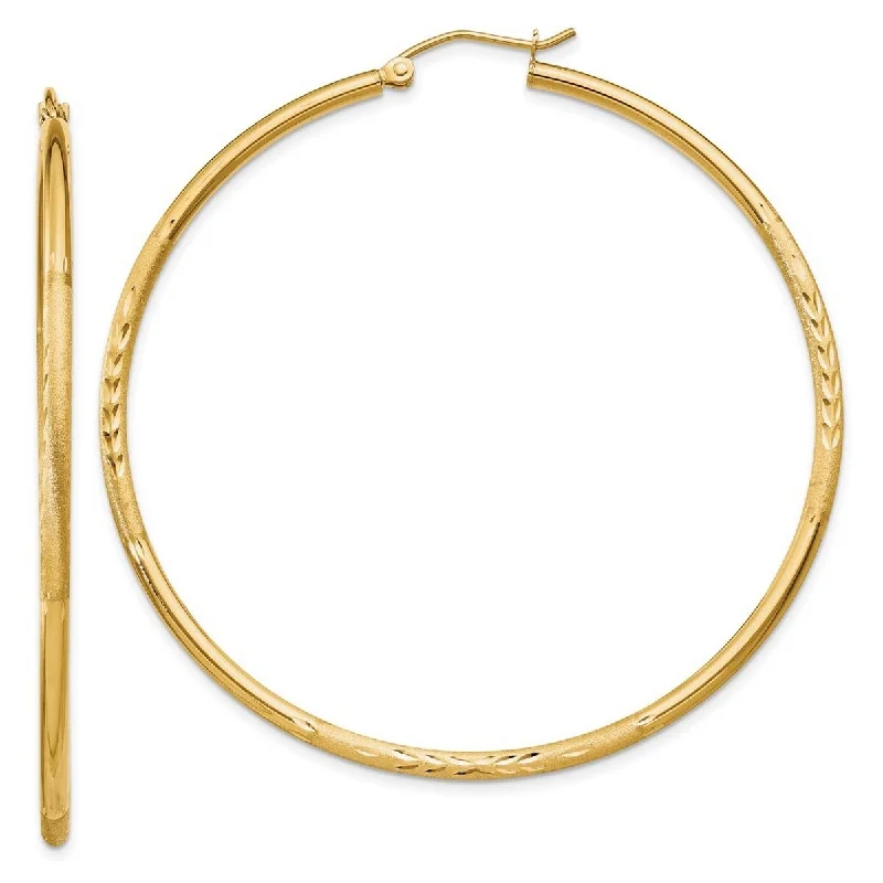 Hoop earrings with open designs for a modern, lighthearted vibe-Curata 14k Yellow Gold Satin and Sparkle Cut 52x2mm Round Tube Hoop Earrings