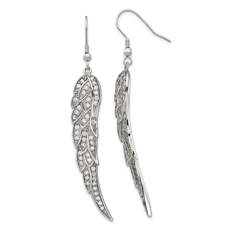 Best hoop earrings with vintage coins for a retro, antique-inspired style-Curata Stainless Steel Polished CZ Cubic Zirconia Angel Wings Hook Long Drop Dangle Earrings (11mm x 66mm)