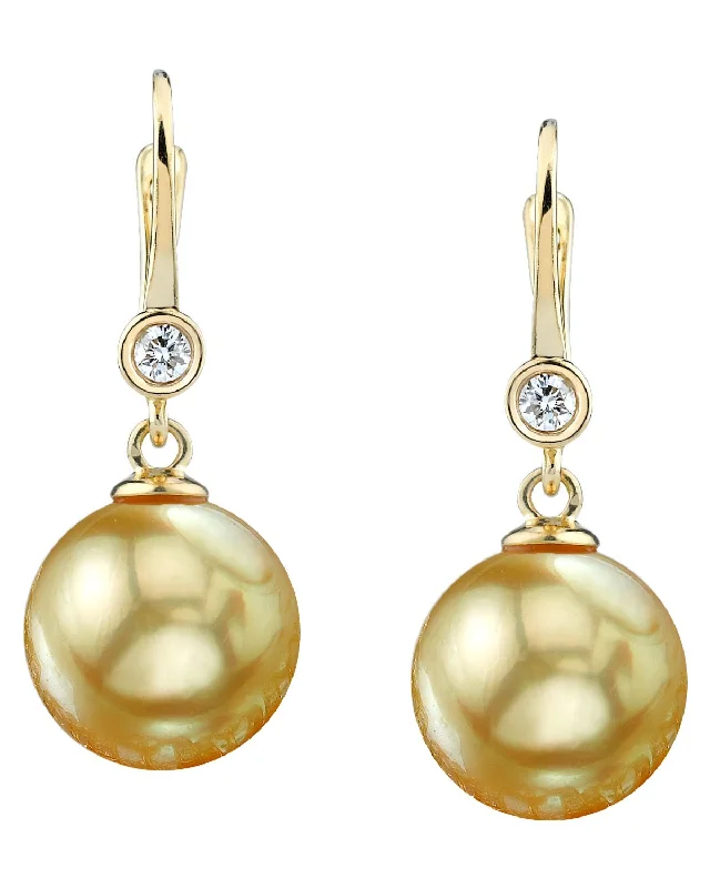 Hoop earrings with a matte finish for a sleek and sophisticated appearance-Golden South Sea Pearl & Diamond Bezel Dangle Earrings