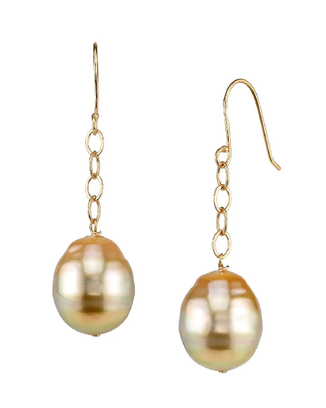 Hoop earrings with diamond-cut surfaces for added sparkle and shine-Golden South Sea Baroque Pearl Tin Cup Dangle Earrings