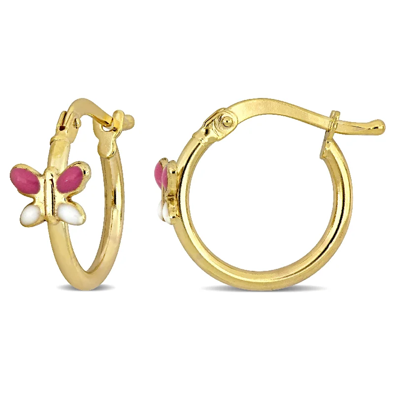 Hoop earrings with polished silver finish for a shiny, modern appeal-Mimi & Max 15mm Pink and White Enamel Butterfly Hoop Earrings in 14k Yellow Gold