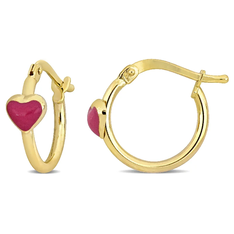 Hoop earrings with twisted metal designs for a dynamic and modern style-Mimi & Max 15mm Pink Enamel Heart Hoop Earrings in 14k Yellow Gold