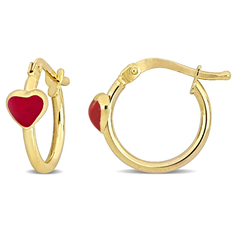 Best hoop earrings with geometric cuts for a sharp, modern appeal-Mimi & Max 15mm Red Enamel Heart Hoop Earrings in 14k Yellow Gold