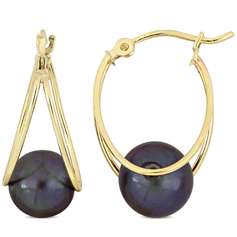 Best hoop earrings with asymmetrical designs for a fashion-forward, avant-garde look-Mimi & Max 8-8.5mm Cultured Freshwater Black Pearl Drop Hoop Earrings in 10k Yellow Gold