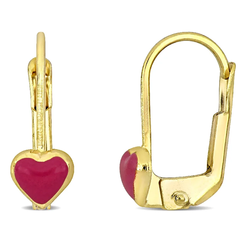 Best hoop earrings with geometric pendants for a modern, chic appeal-Mimi & Max Pink Enamel Heart Leverback Earrings in 14k Yellow Gold