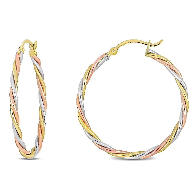 Hoop earrings with intricate designs for a unique and artistic appearance-Mimi & Max Twisted Hoop Earrings in 3-Tone 10k White Yellow & Rose Gold