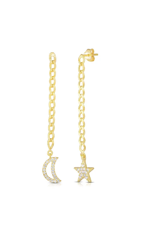 Hoop earrings with rhinestone-studded rims for a glamorous touch-Moon And Star Cuban Chain Drop Stud Earring