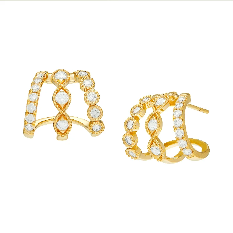 Best hoop earrings with geometric hexagon shapes for a modern, angular look-Myer Triple  Row Assorted Shape Diamond Hoops