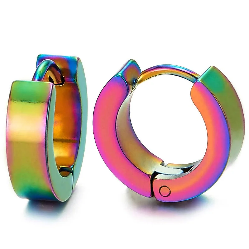 Hoop earrings with infinity loop designs for a continuous and eternal shape-Oxidized Rainbow Huggie Hinged Hoop Earrings, Unisex Men Women, Pair