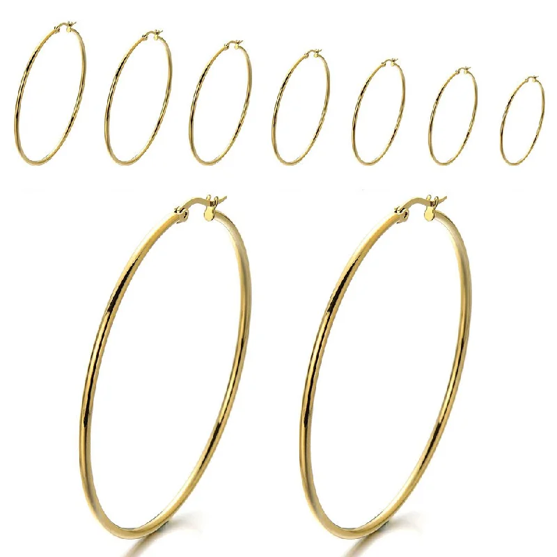 Hoop earrings with tortoiseshell designs for a chic and classic style-Pair Stainless Steel Large Plain Circle Huggie Hinged Hoop Earrings for Women Gold Color