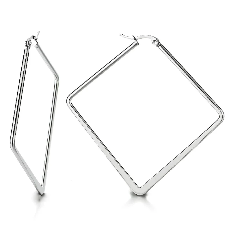 Hoop earrings with abstract wirework for an artistic, unique look-Pair Stainless Steel Large Plain Square Huggie Hinged Hoop Earrings for Women