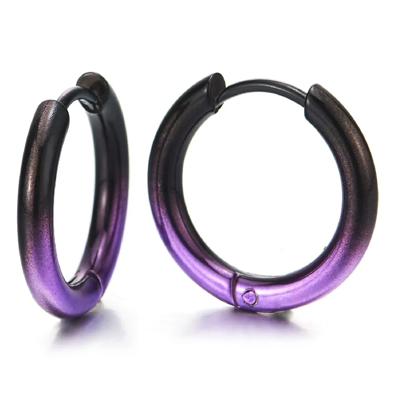 Hoop earrings with dangling charms for a playful and fun look-Pair Stainless Steel Oxidized Plain Circle Huggie Hinged Hoop Earrings for Men Women