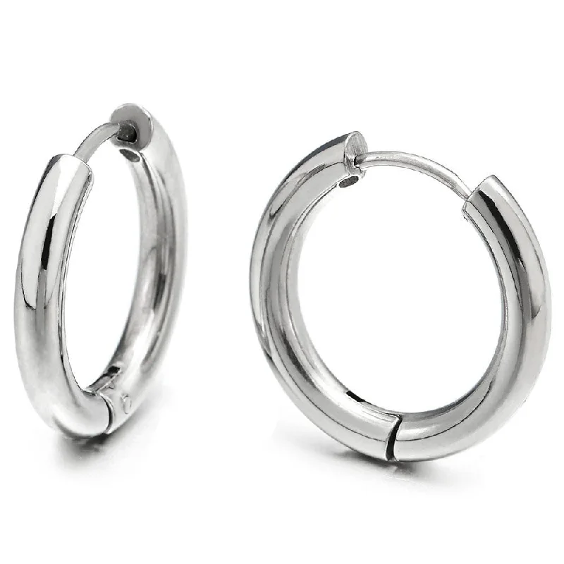 Hoop earrings with oversized pearl accents for a statement-making look-Pair Stainless Steel Plain Circle Huggie Hinged Hoop Earrings for Men Women