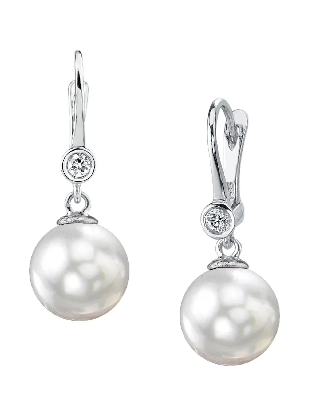 Hoop earrings with abstract wirework for an artistic, unique look-White South Sea Pearl & Diamond Bezel Dangle Earrings