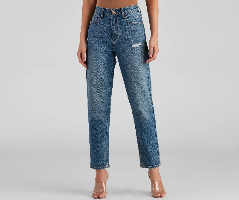 Frayed Hem Jeans for Edgy -High-Rise Classic Straight-Leg Jeans